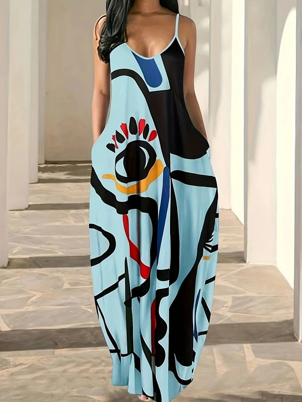 Women's Summer Maxi Dress with Abstract Print and Spaghetti Straps – Loose Fit Cotton Blend for Casual Outings 0