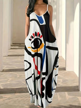 Women's Summer Maxi Dress with Abstract Print and Spaghetti Straps – Loose Fit Cotton Blend for Casual Outings 1