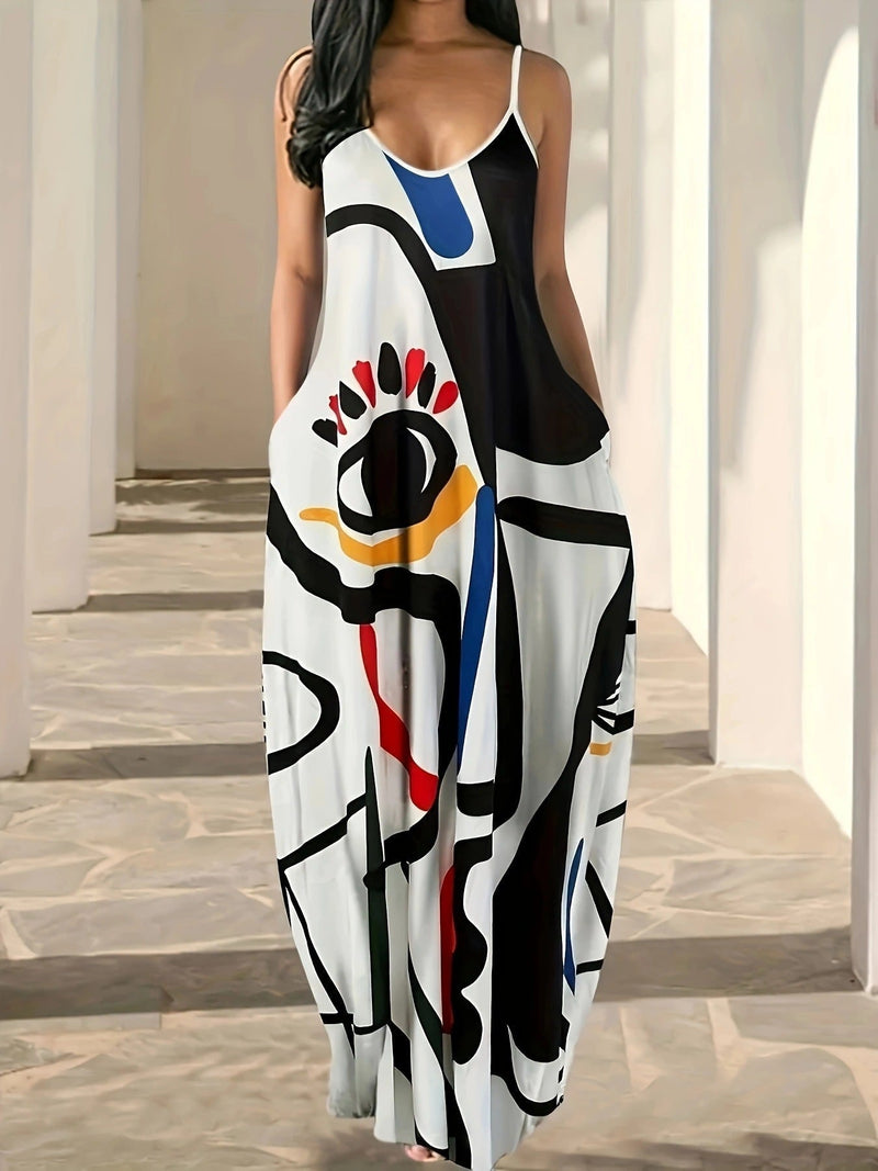 Women's Summer Maxi Dress with Abstract Print and Spaghetti Straps – Loose Fit Cotton Blend for Casual Outings 1