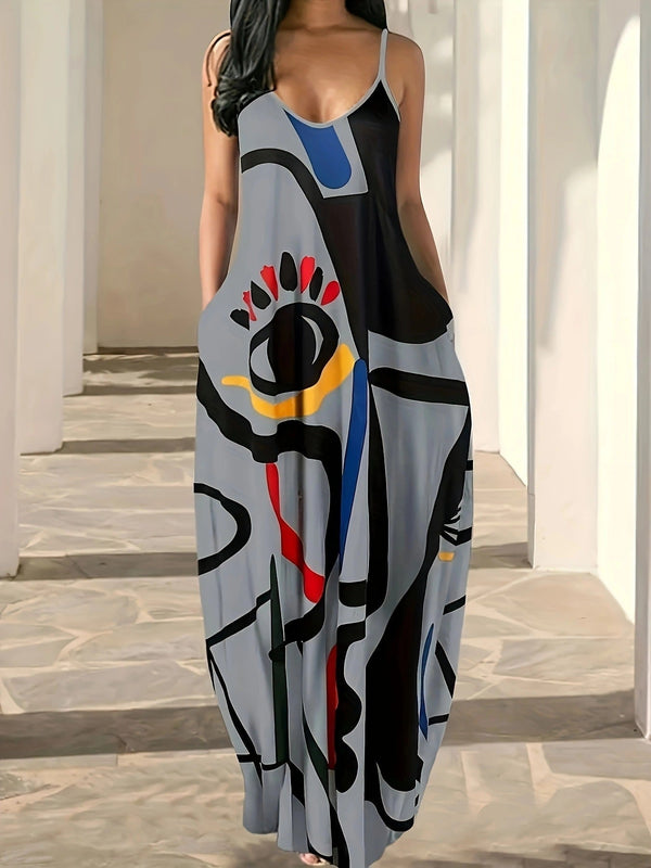 Women's Summer Maxi Dress with Abstract Print and Spaghetti Straps – Loose Fit Cotton Blend for Casual Outings 2
