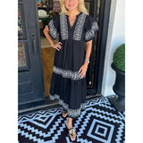 Women's Summer Midi Dress with Geometric Print, V-Neck, and Pleated Hem – Comfortable Cotton Casual Dress 0