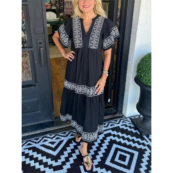 Women's Summer Midi Dress with Geometric Print, V-Neck, and Pleated Hem – Comfortable Cotton Casual Dress 0