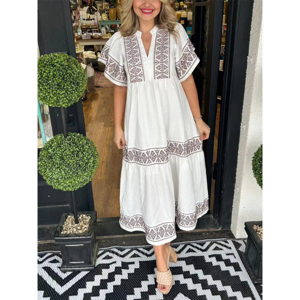 Women's Summer Midi Dress with Geometric Print, V-Neck, and Pleated Hem – Comfortable Cotton Casual Dress 1
