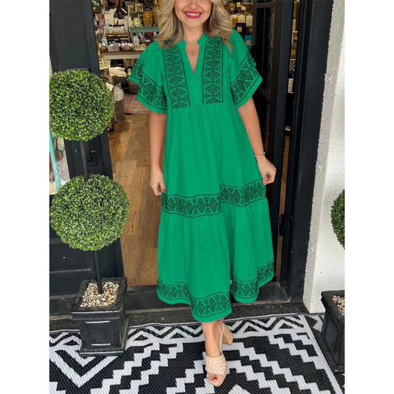 Women's Summer Midi Dress with Geometric Print, V-Neck, and Pleated Hem – Comfortable Cotton Casual Dress 2