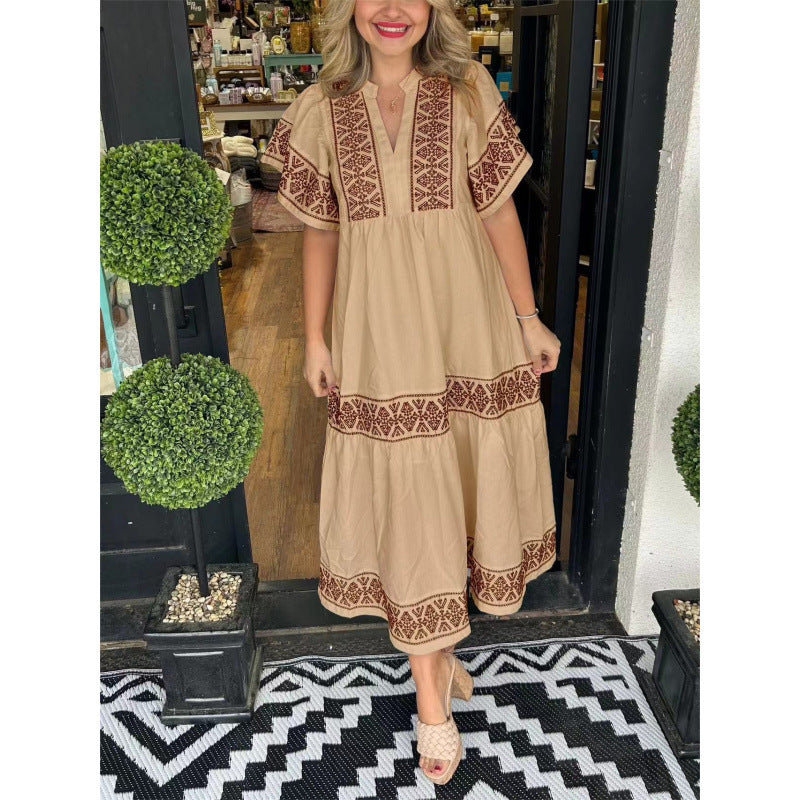 Women's Summer Midi Dress with Geometric Print, V-Neck, and Pleated Hem – Comfortable Cotton Casual Dress 5