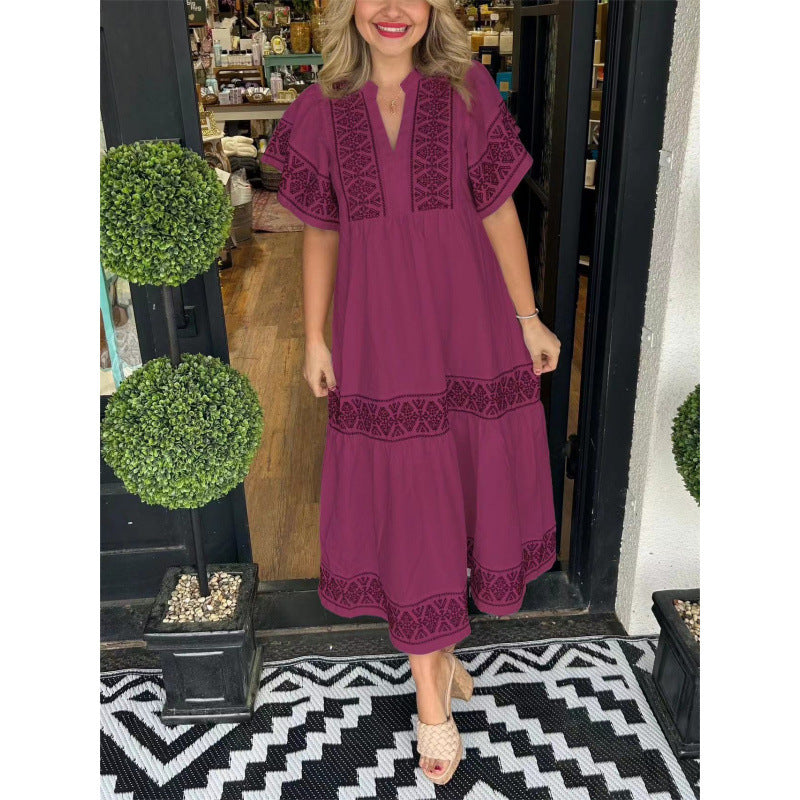 Women's Summer Midi Dress with Geometric Print, V-Neck, and Pleated Hem – Comfortable Cotton Casual Dress 6