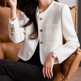Women’s Tweed Blazer – Structured Fit – Cropped Length – Button Front – Round Neckline 0