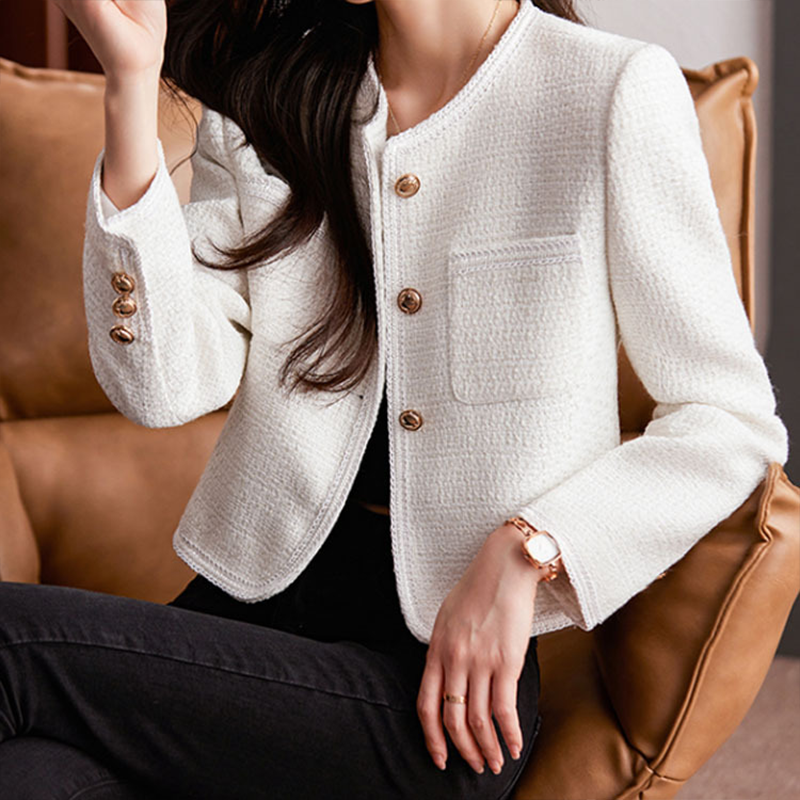 Women’s Tweed Blazer – Structured Fit – Cropped Length – Button Front – Round Neckline 0