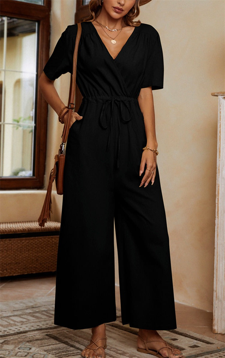Women's White Jumpsuit with V-Neck and Cinched Waist – Comfortable Cotton Linen Blend for Casual Wear 0