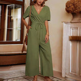 Women's White Jumpsuit with V-Neck and Cinched Waist – Comfortable Cotton Linen Blend for Casual Wear 1