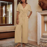 Women's White Jumpsuit with V-Neck and Cinched Waist – Comfortable Cotton Linen Blend for Casual Wear 2