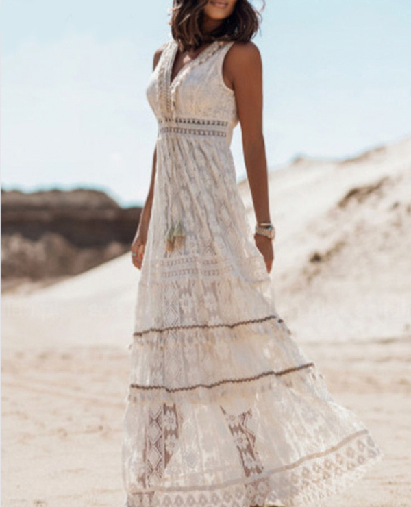 Women's White Maxi Dress with Lace Embroidery, Sleeveless V-Neck, Flowy Skirt – Perfect for Summer and Formal Occasions 1