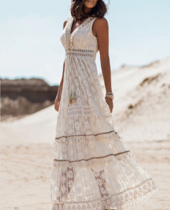 Women's White Maxi Dress with Lace Embroidery, Sleeveless V-Neck, Flowy Skirt – Perfect for Summer and Formal Occasions 1