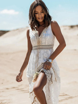 Women's White Maxi Dress with Lace Embroidery, Sleeveless V-Neck, Flowy Skirt – Perfect for Summer and Formal Occasions 2