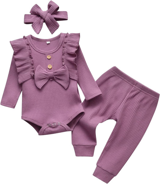 Cozy Ribbed Baby Girl Long Sleeve Romper