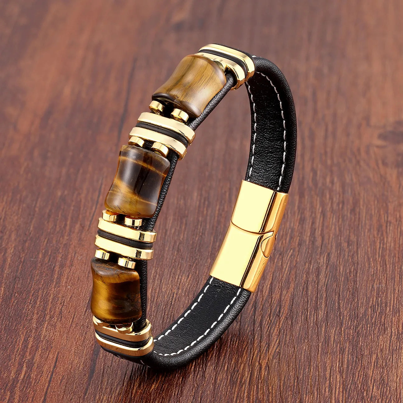 Tiger eye natural stone leather bracelet 4