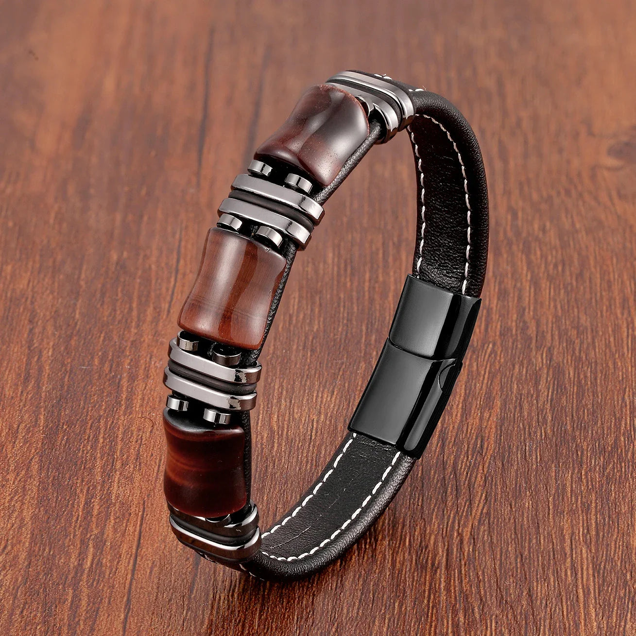 Tiger eye natural stone leather bracelet 2