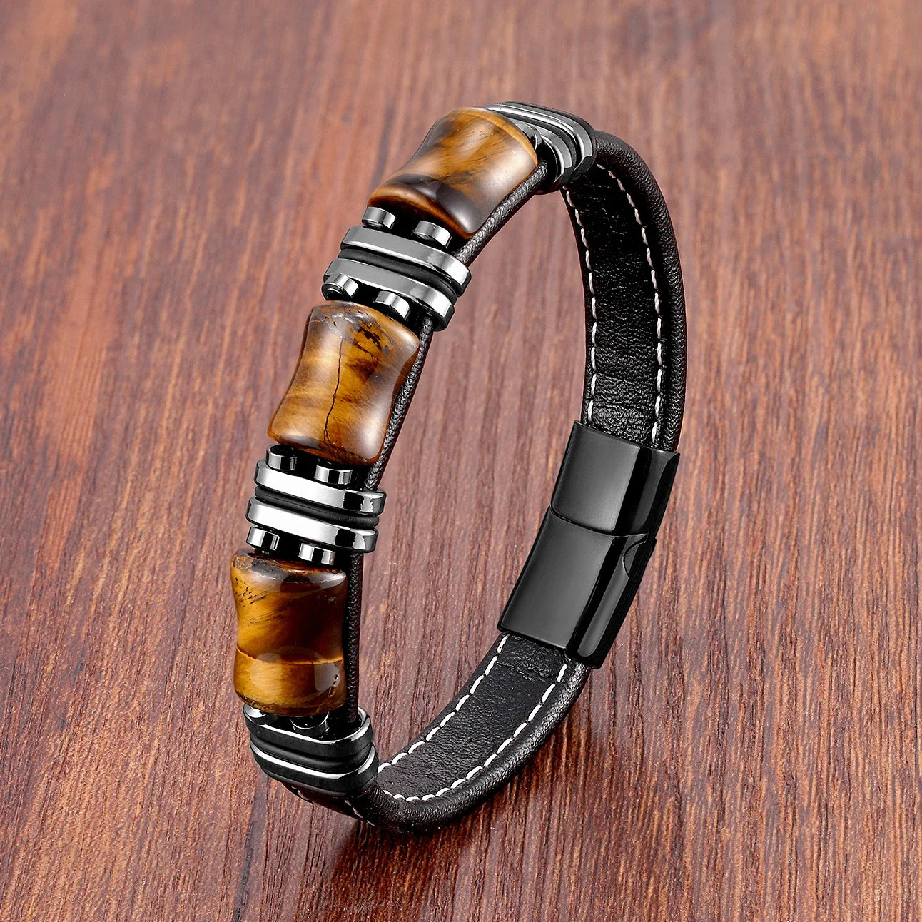 Tiger eye natural stone leather bracelet 5