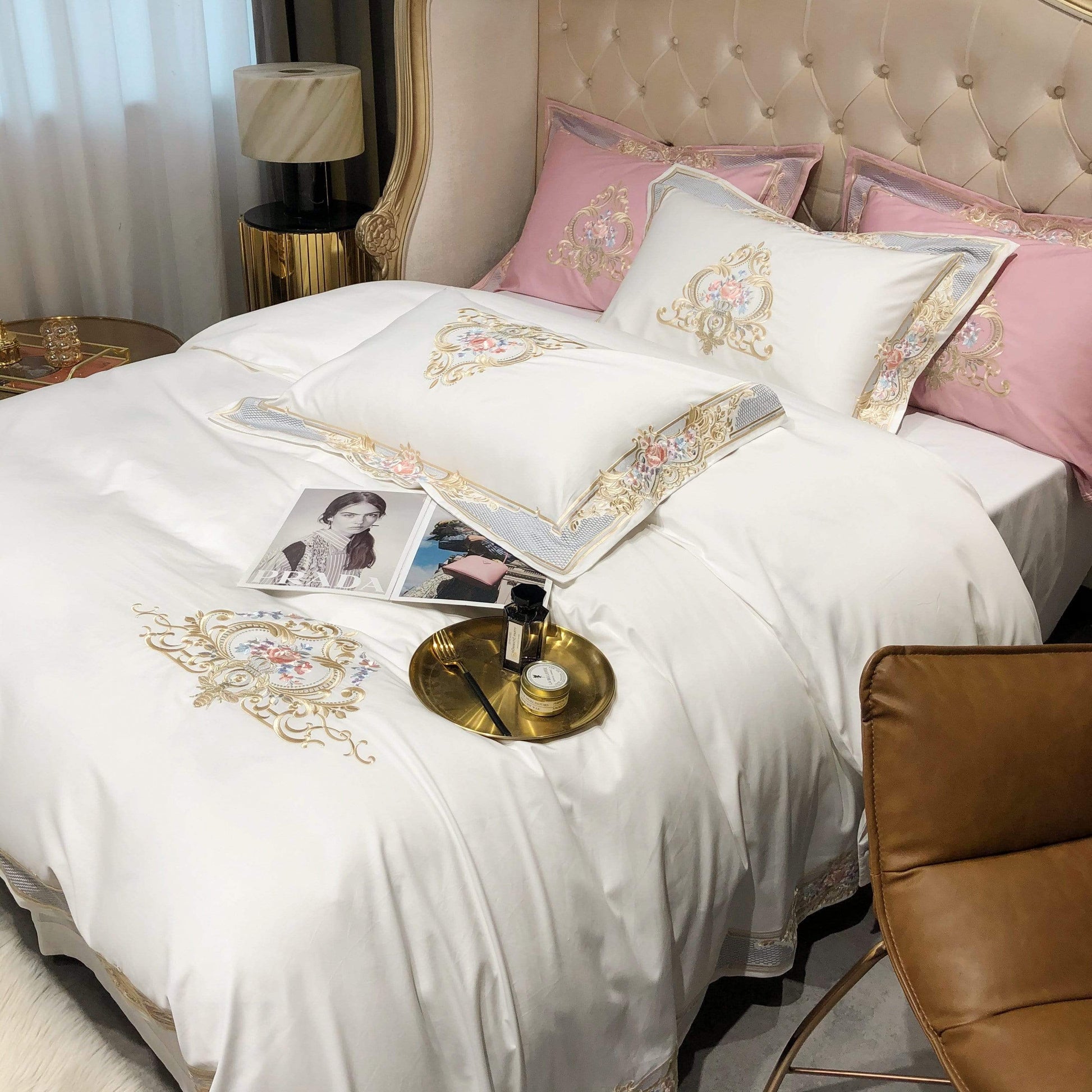 Royal Crown - 1000 TC Egyptian Cotton King Size Duvet Cover Set, White with Gold Embroidery-6
