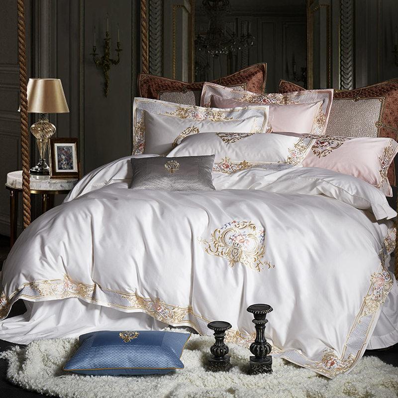Royal Crown - 1000 TC Egyptian Cotton King Size Duvet Cover Set, White with Gold Embroidery-2