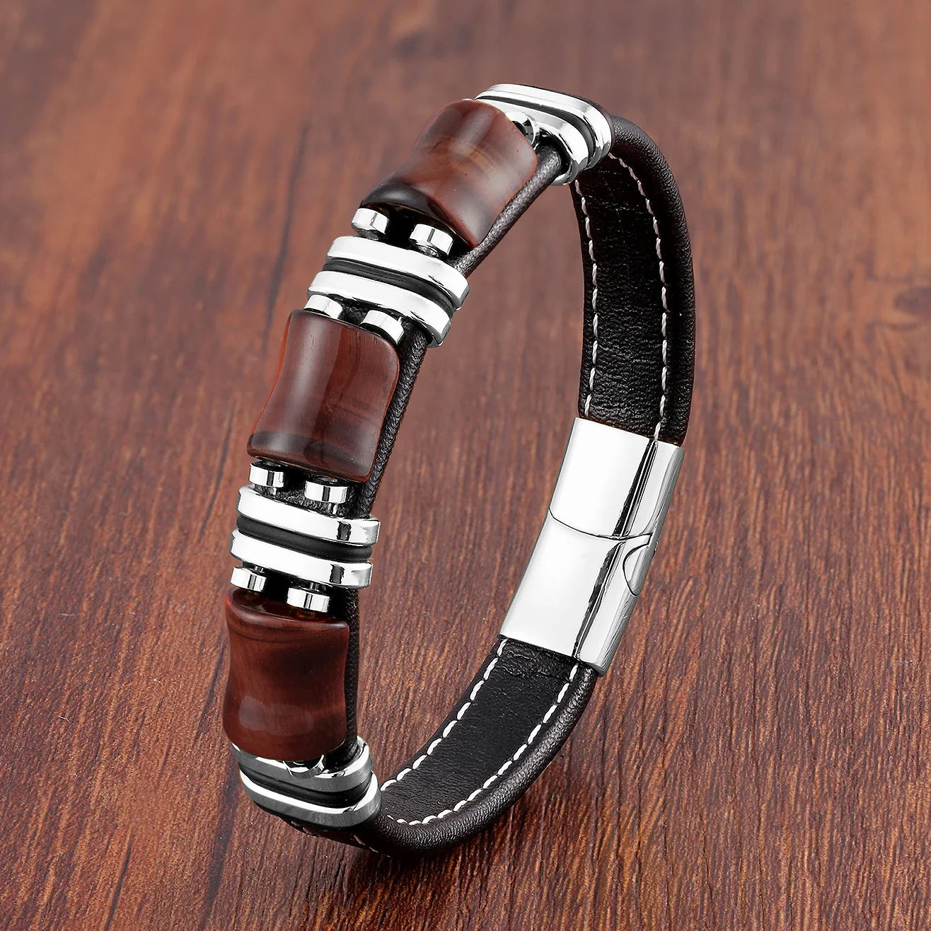 Tiger eye natural stone leather bracelet 3