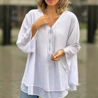 Evelyn – Women's Effortless Vibe Top | Double-Layer Soft Shirt with Zipper Sleeves