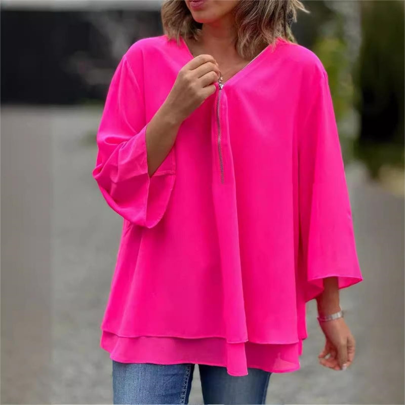 Evelyn – Women's Effortless Vibe Top | Double-Layer Soft Shirt with Zipper Sleeves