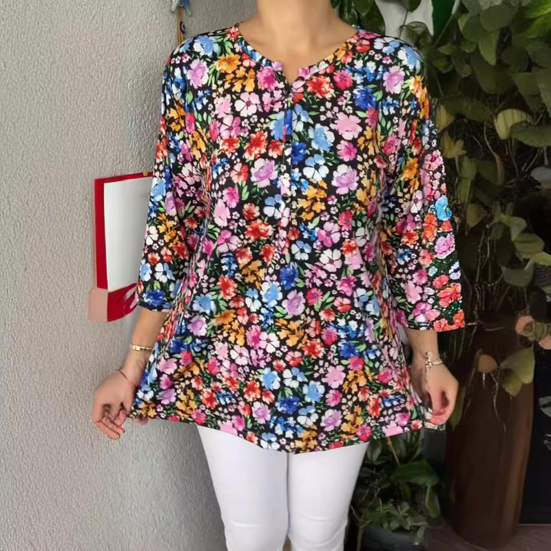 Mira – Women's Laid-Back Vibes Pullover | Printed V-Neck Top with Button Detail