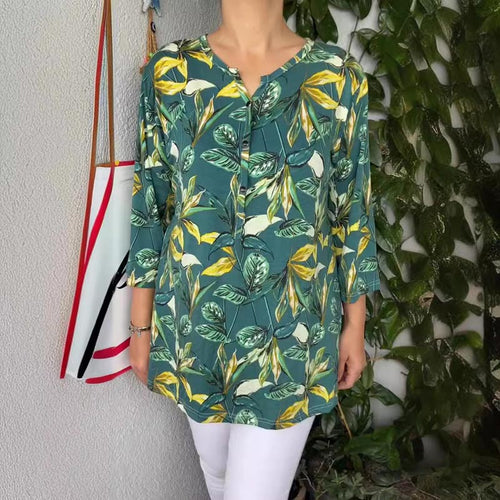 Mira – Women's Laid-Back Vibes Pullover | Printed V-Neck Top with Button Detail