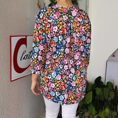 Mira – Women's Laid-Back Vibes Pullover | Printed V-Neck Top with Button Detail