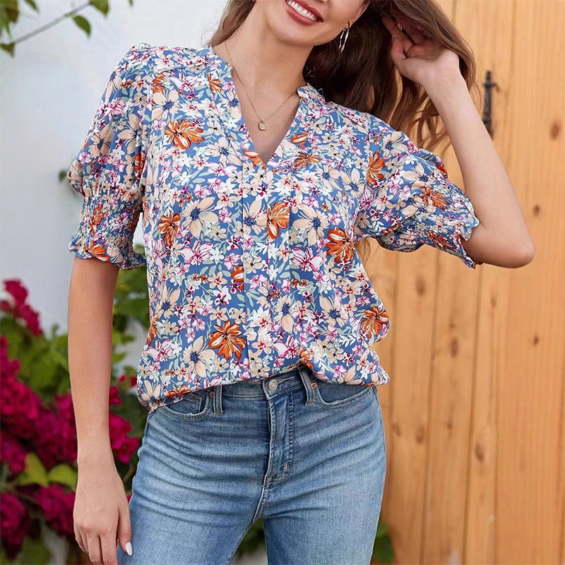 Liora – Women's Floral V-Neck Puff Sleeve Blouse