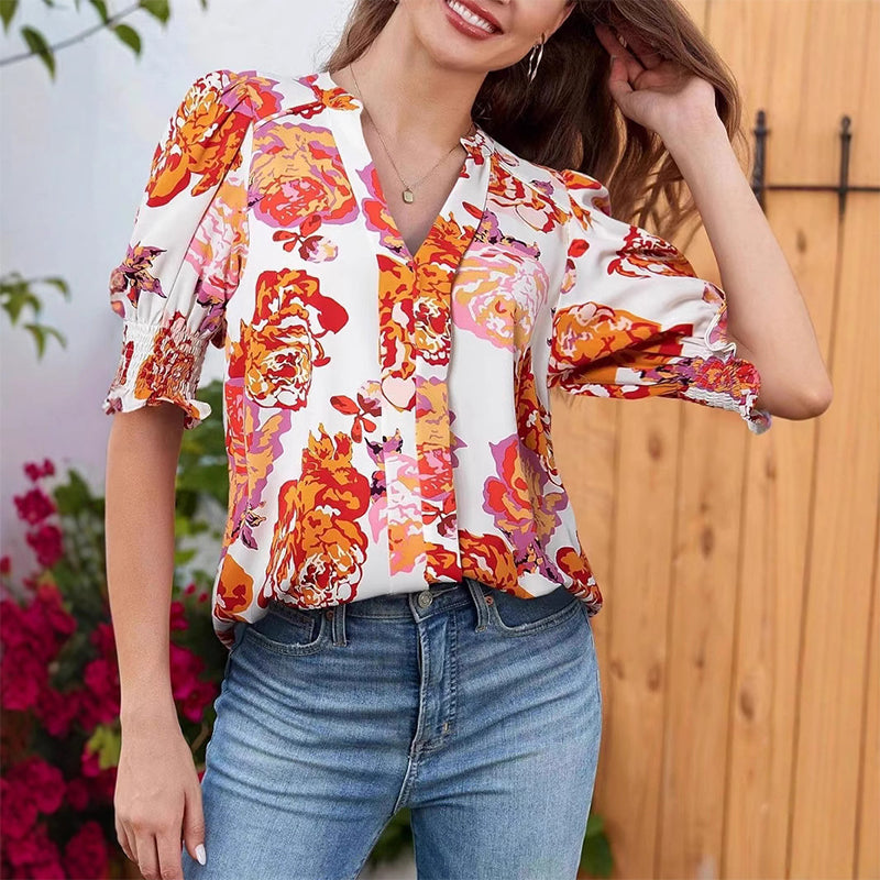 Liora – Women's Floral V-Neck Puff Sleeve Blouse