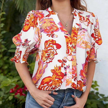 Liora – Women's Floral V-Neck Puff Sleeve Blouse