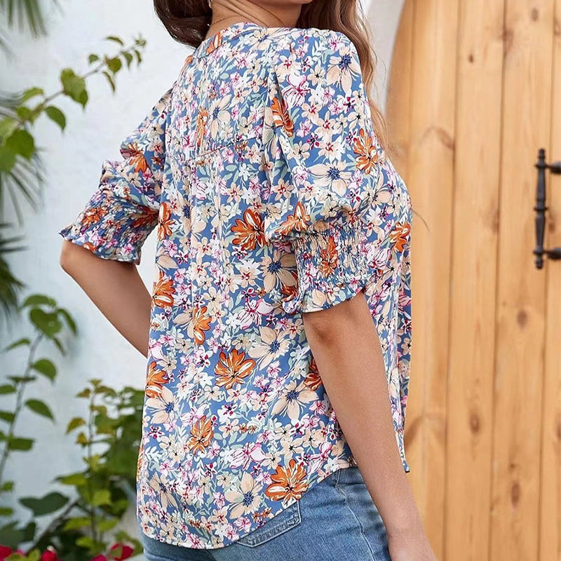 Liora – Women's Floral V-Neck Puff Sleeve Blouse