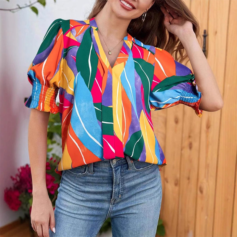 Liora – Women's Floral V-Neck Puff Sleeve Blouse