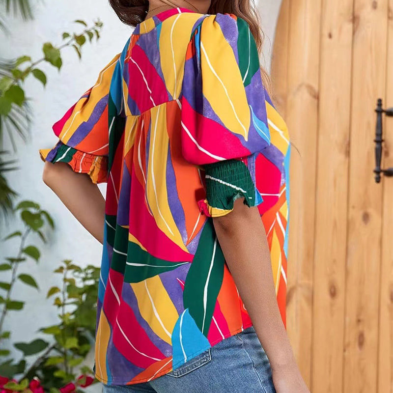 Liora – Women's Floral V-Neck Puff Sleeve Blouse