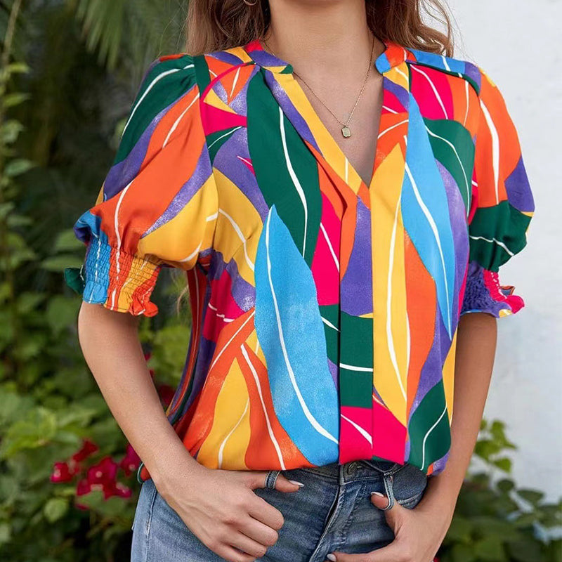Liora – Women's Floral V-Neck Puff Sleeve Blouse