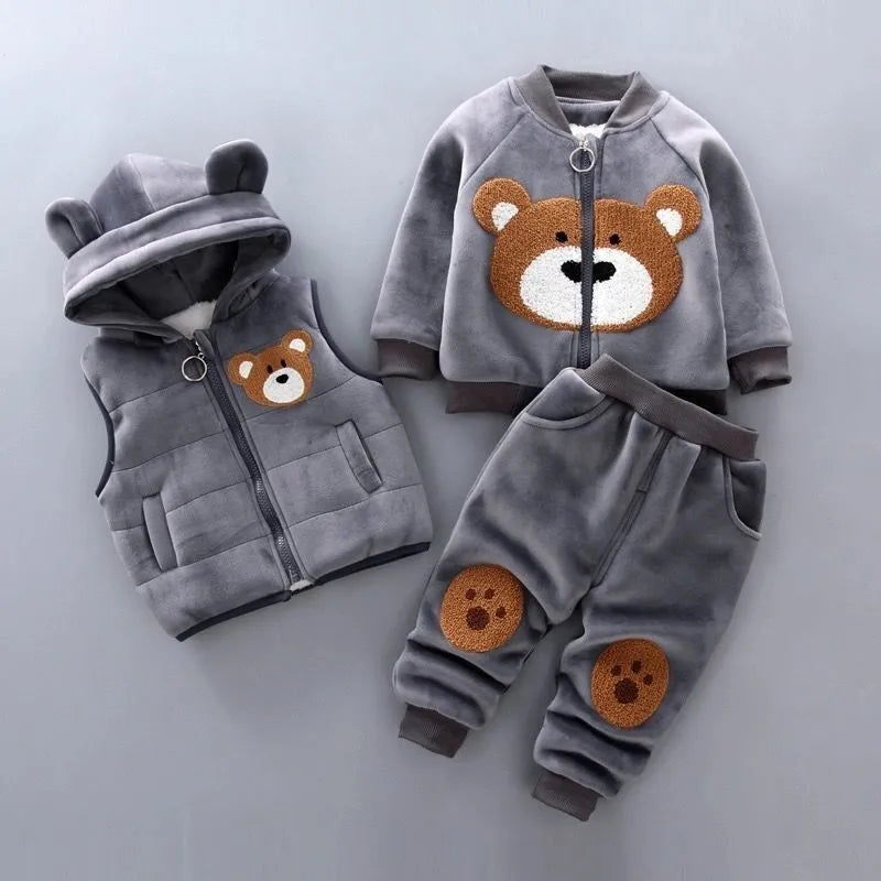 Winter Baby Clothes Set: Fleece Bear Jacket, Vest, and Pants (3Pcs) - Petite Paradise Baby Clothes